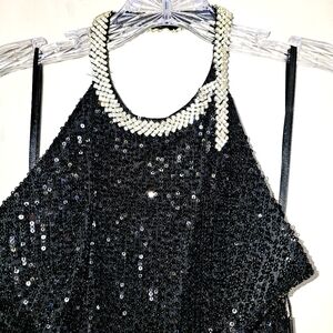 NWT MAC DUGGAL BLACK SEQUIN, FULL LENGTH HALTER DRESS WITH CRYSTAL COLLAR SIZE 2